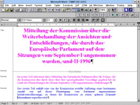 Okno aplikacji Microsoft Word w systemie EURAMISBlatt A., EURAMIS: Added Value by Integration, SdT, Luksemburg 1998; str. 10..