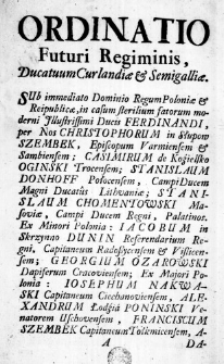 Ordinatio Futuri Regiminis, Ducatuum Curlandiae & Semigalliae [...] facta & conscripta, Mitaviae, Die quinta, Mensis Decembris, Anno Domini Millesimo Septingentesimo Vigesimo Septimo