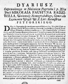 Dyariusz Odprawionego w Nieświeżu Pogrzebu ś. p. Xćia Jmći Mikołaia Faustyna Radziwiłła, Woiewody Nowogrodzkiego, Generała Leytnanta Woysk W. X Litt: Rotmistrza Petyorskiego