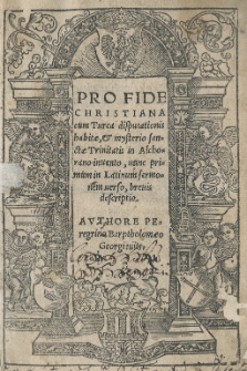 Pro fide Christiana cum Turca disputationis habitae et mysterio sanctae Trinitatis in Alchorano invento, nunc primum in Latinum sermonem uerso, brevis descriptio