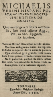 Michaelis Verini [...] Disticha de moribvs [...]