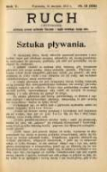Ruch: dwutygodnik poświęcony sprawom wychowania fizycznego i w ogóle normalnego rozwoju ciała 1910.08.11 R.5 No.15=105