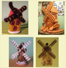 Materiały z których wykonano eksponaty z wizerunkiem wiatraków ; Materials from which exhibits are made with the image of windmills