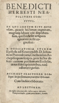 Benedicti Herbesti Neapolitani Computus Ex Quo Certum Eius Artis usum paucis hactenus cognitum, magnoq[ue] labore vix deprehensum, qui Ecclesiae tempora ignorare nolit cognoscet [...]