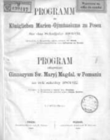 Programm des K&ouml;niglichen Marien-Gymnasiums zu Posen f&uuml;r das Schuljahr 1861/62; Program Kr&oacute;lewskiego Gimmazyum Ś. Maryi Magdal. w Poznaniu na rok szkolny 1861/62