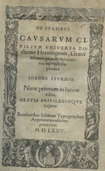 De statibvs cavsarvm civilivm vniversa doctrina Hermogenis, graeci rhetoris, quam ille peri Daireseős inscripsit: explicata a Ioanne Stvrmio. Nunc primum in lucem edita