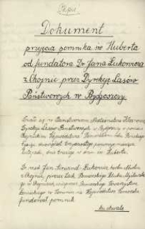 Dokument przejęcia pomnika św. Huberta od fundatora Dr Jana Łukowicza z Chojnic przez Dyrekcję Lasów Państwowych w Bydgoszczy