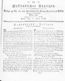 Ueberficht der im Amtsblatte der Königlichen Regierung zu Posen von Nro. 1. (den 6. januar) bis incl. Nro. 26. (den 30. Juni) 1818 enthaltenen Berordnungen und Betanntmachungen