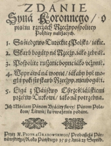 Zdanie syna koronnego o piąciu rzeczach Rzecżypospolitey Polskiey należących [...] przez X. Piotra Grabowskiego proboszcza parnawskiego