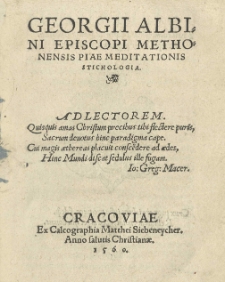 Georgii Albini Episcopi Methonensis Piae meditationis stichologia