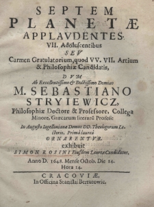 Septem planetae applaudentes VII adolescentibus seu carmen gratulatorium