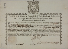 Dokument autentyczności relikwii św. męczenników Krascencji, Fidelisa, Justyna i Kasjana przekazanych ks. Stanisławowi Grudowiczowi do kościoła Kongregacji Oratorium św. Filipa Neri w Gostyniu