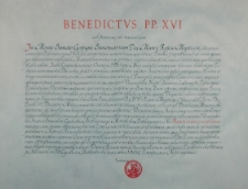 Dokument papieża Benedykta XVI przyznający cudownemu obrazowi Matki Boskiej z kościoła Kongregacji Oratorium św. Filipa Neri w Gostyniu złotą róże