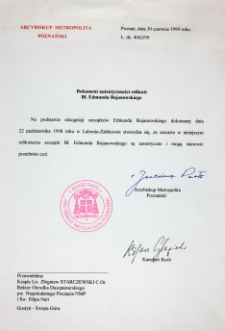 Dokument autentyczności relikwii bł. Edmunda Bojanowskiego wystawiony przez arcybp. poznańskiego Juliusza Paetza