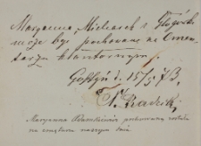 Zezwolenie na pochówek Marianny Mielcarek z 15.V.1873