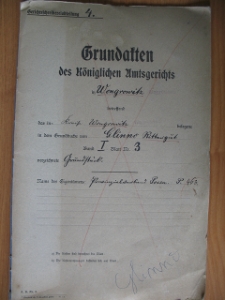 Zespół: Sąd w Wągrowcu, sygn. brak (akta jeszcze nie zinwentaryzowane). Akta Gruntowe Sądu Królewskiego w Wągrowcu dotyczące w pow. wągrowieckim położonego w księdze gruntowej Glinno dobra rycerskie Tom I Karta 3 odnotowanego kawałka gruntu