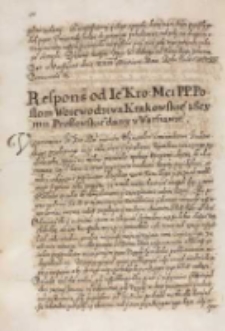 Respons od [...] Zygmunta III [...] posłom woiewodztwa krakowskiego z seymu prossowskiego dany w Warszawie [1614]