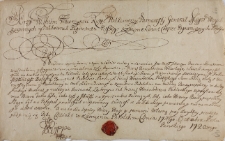 Paszport dla Mateusza Bolesty, por. pachołków łanowych na woj. podlaskie, wydany przez Wilhelma Wawrzyńca Rippe, podkom. parnawski, gen. major, komendant fortec pogranicznych podolskich z 17.10.1720