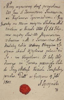 Prośba o zawarcie związku małżeńskiego na Świętej Górze 09.02.1801
