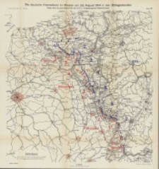 Die Grenzschlachten im Westen: mit vielen Skizzen im Text und zwölf Karten. Die deutsche Heeresfront im Westen am 22 August 1914 in den Mittagsstunden (nach den bis zum Abend bei der O.H.L eigegangenen Nachrichten) Bd.1 Karte 5