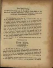 Beschreibung der auf Grund der Gesetze vom 30. April 1874 … und vom 5. Juni 1906 … unterm 6. October 1906 ausgefertigten Reichskassenscheine zu Zehn Mark