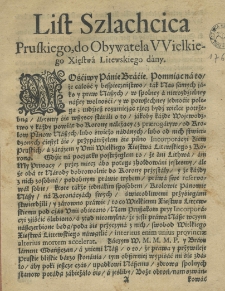 List szlachcica pruskiego do obywatela Wielkiego Xięstwa Litewskiego dany