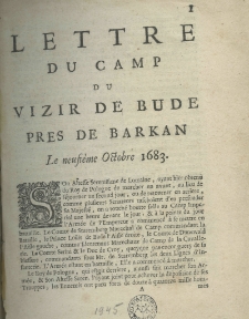 Lettre du camp du vizir de Bude près de Barkan Le neufiéme octobre 1683