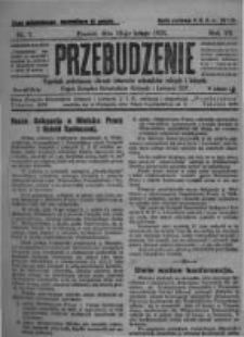 Przebudzenie: tygodnik poświęcony obronie interesów robotników rolnych i leśnych. Organ Związku Robotników Rolnych i Leśnych ZZP. 1925.02.19 R.7 Nr7