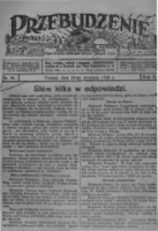 Przebudzenie: tygodnik poświęcony obronie interesów robotników rolnych i leśnych. Organ Związku Robotników Rolnych i Leśnych ZZP. 1928.09.20 R.10 Nr38