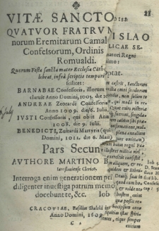 Vita, gesta et miracula, sanctorum quinque fratrum polonorum eremitarum casimiriensium, Ordinis S. Romualdi . P.2