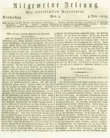 Allgemeine Zeitung: mit allerh&ouml;chsten Privilegien. 1809.01.05 Nro.5