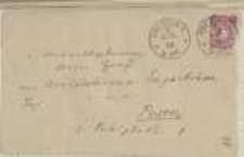 Koperta nadana w Dreźnie przez Józefa Ignacego Kraszewskiego adresowana do Wawrzyńca Benzelstjerny-Engeströma do Poznania z 6 listopada [18]82 roku