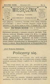 Miesięcznik Galicyjskiego Towarzystwa Ochrony Zwierząt. 1911 R.33 Nr4