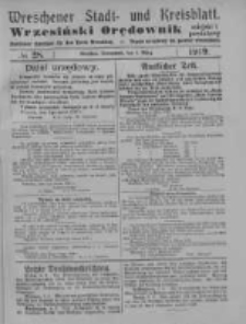 Wreschener Stadt und Kreisblatt; Wrzesiński Orędownik miejski i powiatowy: amtlicher Anzeiger für den Kreis Wreschen; organ urzędowy na powiat wrzesiński 1919.03.08 Nr28