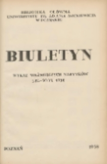 Biuletyn.Wykaz Ważniejszych Nabytk&oacute;w 1.IV - 30 VI 1958
