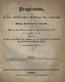 Programm, womit zu der &ouml;ffentlichen Pr&uuml;fung der Z&ouml;glinge der K&ouml;nigl. Realschule zu Meseritz ... einladet