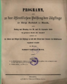 Programm, womit zu der &ouml;ffentlichen Pr&uuml;fung der Z&ouml;glinge der K&ouml;nigl. Realschule zu Meseritz ... einladet