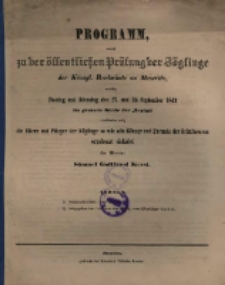 Programm, womit zu der &ouml;ffentlichen Pr&uuml;fung der Z&ouml;glinge der K&ouml;nigl. Realschule zu Meseritz ... einladet