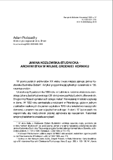 Janina Kozłowska-Studnicka - archiwistka w Wilnie, Grodnie i Kórniku. Pamiętnik Biblioteki Kórnickiej. Z.37