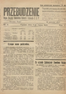 Przebudzenie: tygodnik poświęcony obronie interesów robotników rolnych i leśnych. Organ Związku Robotników Rolnych i Leśnych ZZP. 1923.03.04 R.5 Nr9