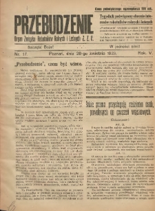 Przebudzenie: tygodnik poświęcony obronie interesów robotników rolnych i leśnych. Organ Związku Robotników Rolnych i Leśnych ZZP. 1923.04.28 R.5 Nr17