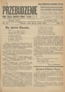 Przebudzenie: tygodnik poświęcony obronie interesów robotników rolnych i leśnych. Organ Związku Robotników Rolnych i Leśnych ZZP. 1923.05.26 R.5 Nr21