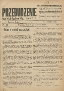 Przebudzenie: tygodnik poświęcony obronie interesów robotników rolnych i leśnych. Organ Związku Robotników Rolnych i Leśnych ZZP. 1923.06.02 R.5 Nr22