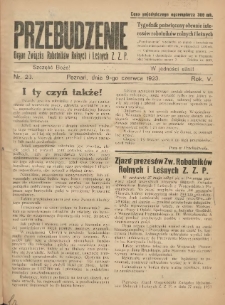 Przebudzenie: tygodnik poświęcony obronie interesów robotników rolnych i leśnych. Organ Związku Robotników Rolnych i Leśnych ZZP. 1923.06.09 R.5 Nr23