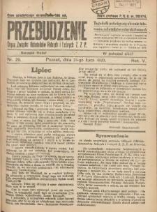 Przebudzenie: tygodnik poświęcony obronie interesów robotników rolnych i leśnych. Organ Związku Robotników Rolnych i Leśnych ZZP. 1923.07.21 R.5 Nr29