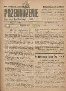 Przebudzenie: tygodnik poświęcony obronie interes&oacute;w robotnik&oacute;w rolnych i leśnych. Organ Związku Robotnik&oacute;w Rolnych i Leśnych ZZP. 1923.08.11 R.5 Nr32