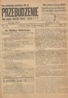Przebudzenie: tygodnik poświęcony obronie interes&oacute;w robotnik&oacute;w rolnych i leśnych. Organ Związku Robotnik&oacute;w Rolnych i Leśnych ZZP. 1923.08.24 R.5 Nr34