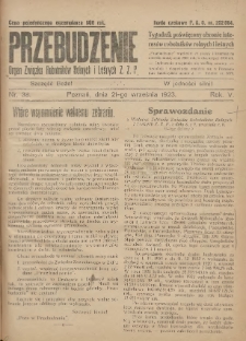 Przebudzenie: tygodnik poświęcony obronie interesów robotników rolnych i leśnych. Organ Związku Robotników Rolnych i Leśnych ZZP. 1923.09.21 R.5 Nr38