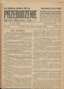 Przebudzenie: tygodnik poświęcony obronie interesów robotników rolnych i leśnych. Organ Związku Robotników Rolnych i Leśnych ZZP. 1923.11.16 R.5 Nr46