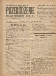 Przebudzenie: tygodnik poświęcony obronie interesów robotników rolnych i leśnych. Organ Związku Robotników Rolnych i Leśnych ZZP. 1923.12.07 R.5 Nr49